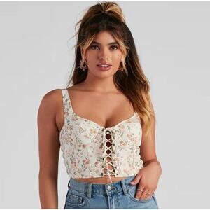 Windsor Spring Fling floral lace-up bustier corset cropped top small